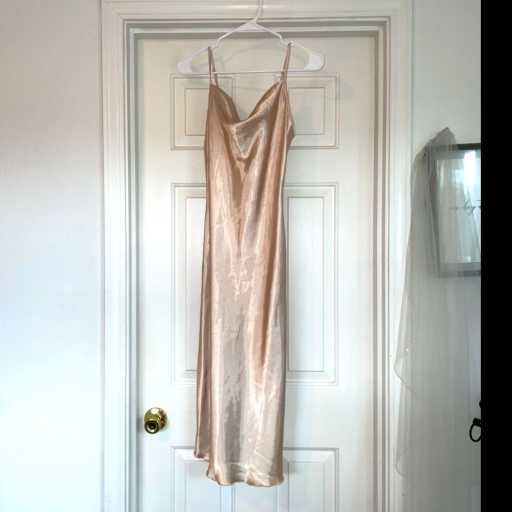 Bebe champagne cowl neck silk dress